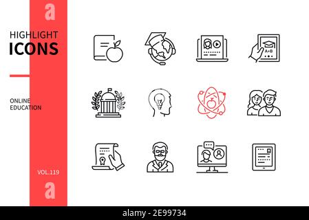 Online education - line design style icons set. E-learning, educational courses idea. Back to school, tutorials, university, ideas, science, students, Stock Vector