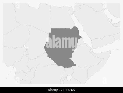 Map of Africa with highlighted Sudan map, gray map of Sudan with neighboring countries Stock Vector