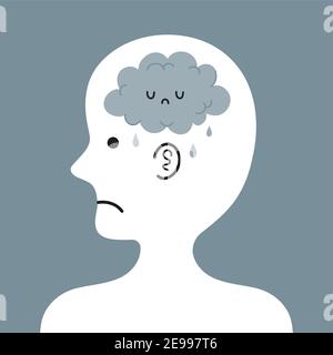 Cute sad human head in profile with rain cloud inside. Bad mental, emotional condition. Vector cartoon character illustration icon. Depression concept Stock Vector