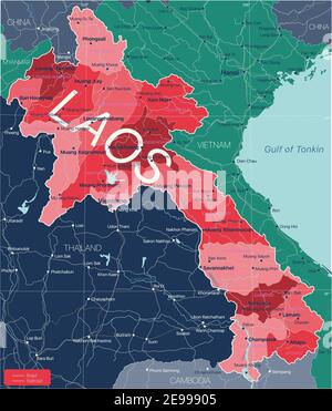 Laos country detailed editable map with regions cities and towns, roads and railways, geographic sites. Vector EPS-10 file Stock Vector