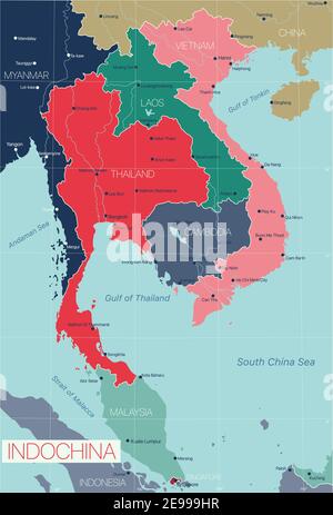 Indochina detailed editable map with countries cities and towns. Vector EPS-10 file Stock Vector