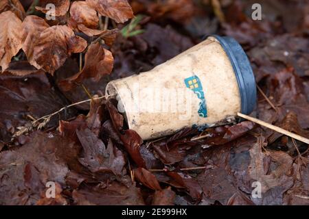 Greggs disposable single use takeaway cup litter - Scotland, UK Stock Photo