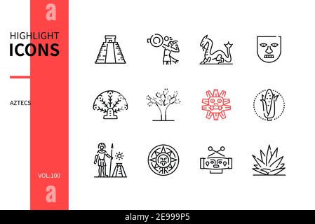 Aztec civilization - modern line design style icons set. Culture, arts and craft, religious signs and symbols, history idea. Pyramid, ballgame, quetza Stock Vector