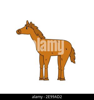 Side view of a brown vector horse. Cute outline cartoon animal stands and looks sideways isolated on white background Stock Vector