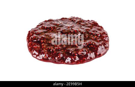 Round spot of delicious sweet raspberry jam isolated on white background. Traditional homemade red berry jelly, marmalade or confiture. Stock Photo
