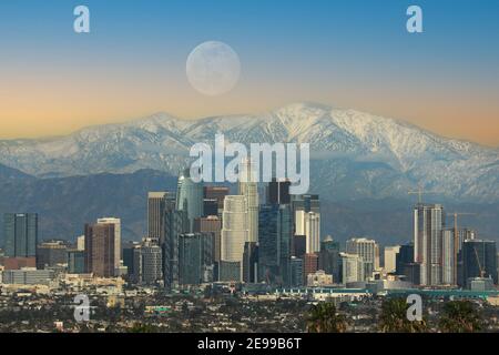 Los Angeles, CA January 30 2021 Moonrise Image of Downtown City of LA Buildings Stock Photo