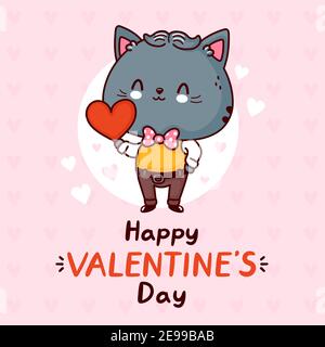 Cute funny gentlemen cat with heart. Happy valentines day card. Vector flat line cartoon kawaii character illustration icon. Cat valentines day gift concept Stock Vector