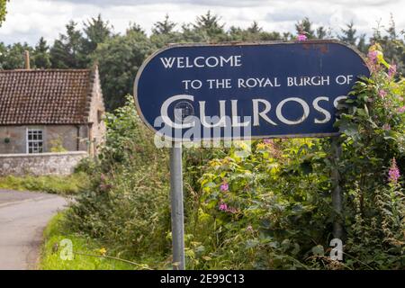 Welcome to Culross sign on the outskirts of the Village, Fife, Scotland Stock Photo