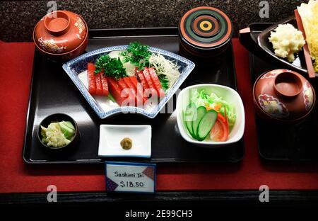 Japanese sampuru, realistic-looking models of food items, on display outside a restaurant in the Japantown area of San Francisco, California. The wax, Stock Photo