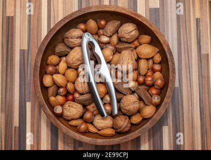 A bowl of mixed nuts from above Stock Photo