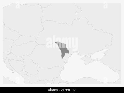 Map of Europe with highlighted Moldova map, gray map of Moldova with neighboring countries Stock Vector