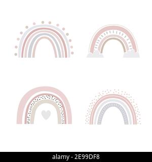 Abstract rainbows hand drawn set. Color Scandinavian bows decorative doodles, vector illustration Stock Vector