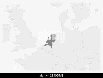 Map of Europe with highlighted Netherlands map, gray map of Netherlands with neighboring countries Stock Vector