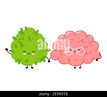 Cute funny marijuana weed bud and brain organ character. Vector flat line cartoon kawaii character illustration icon. Isolated on white background. Weed face character mascot concept Stock Vector