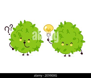 Cute funny marijuana weed bud character with question mark and idea lightbulb. Vector flat line cartoon kawaii character illustration icon. Isolated on white background. Weed face character mascot Stock Vector