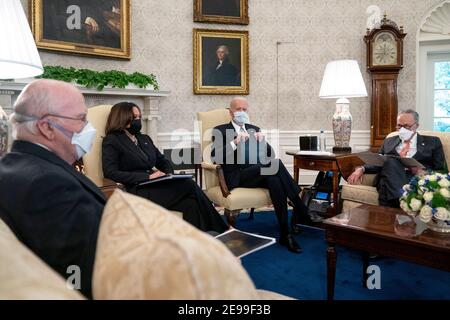 President Joe Biden, center, wears a protective mask while meeting with U.S. Vice President Kamala Harris, second from left, Senate Majority Leader Chuck Schumer (D-N.Y.), right, and Democratic Senators to discuss the American Rescue Plan in the Oval Office of the White House in Washington on Wednesday, February 3, 2021. Credit: Stefani Reynolds/Pool via CNP /MediaPunch Stock Photo