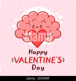Cute funny brain organ present heart. Happy valentines day card. Vector flat line cartoon kawaii character illustration icon. Valentines day concept