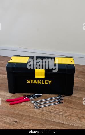 Stanley Black Plastic Toolbox With Tools, UK Stock Photo