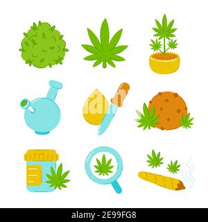 Marijuana weed set collection. Vector trendty flat line illustration icon. Isolated on white background. Medical marijuana bundle concept Stock Vector