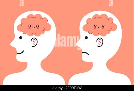 Cute human head in profile with happy and sad brain inside. Good and bad mood, mental, emotional condition concept. Vector cartoon character illustration icon Stock Vector