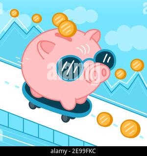 Funny piggy bank in sunglasses ride on skate. Vector flat line cartoon kawaii character illustration icon. Isolated on white background. Pig bank skateboarder character concept Stock Vector