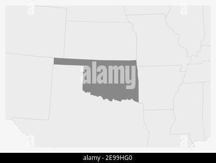 Map of USA with highlighted Oklahoma map, gray map of US State Oklahoma with neighboring countries Stock Vector