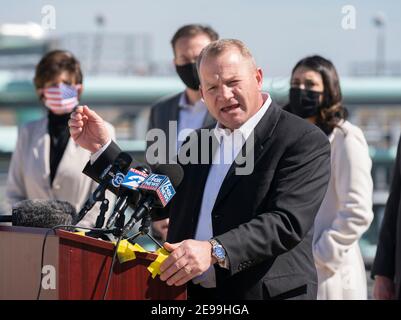 Houston, Texas, USA. 2nd Feb, 2021. Houston, Texas USA Feb. 2, 2021: Congressional Republicans including Rep. Troy Nehis (R-TX) criticize President Joe Biden's executive order to cancel the Keystone XL pipeline at a press conference at the Houston Ship Channel. Credit: Bob Daemmrich/ZUMA Wire/Alamy Live News Stock Photo