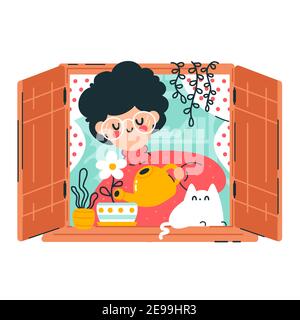 Cute young woman water plants and flowers on window. Vector cartoon character illustration icon. Isolated on white background. Home plants in window concept Stock Vector