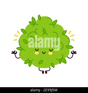 Cute funny marijuana weed bud character meditate in yoga pose. Vector flat line cartoon kawaii character illustration icon. Isolated on white background. Weed face character mascot concept Stock Vector