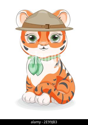 cute  baby tiger cub scout in hat with bow, picture in hand drawing cartoon style, for t-shirt wear fashion print design, greeting card, postcard. bab Stock Vector