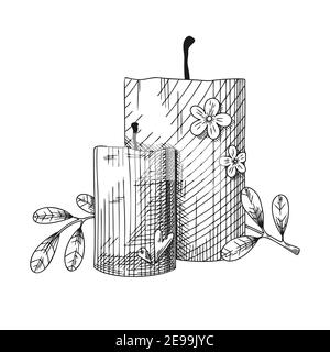 Two candles and a plant. Candles isolated on white background. Vector illustration in sketch style. Stock Vector