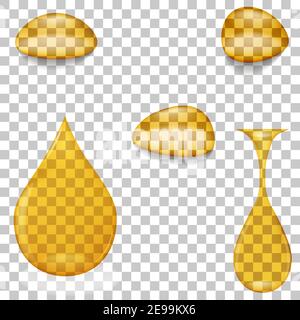 Transparent oil drop isolated on squared background. Icon of yellow drop. Stock Vector
