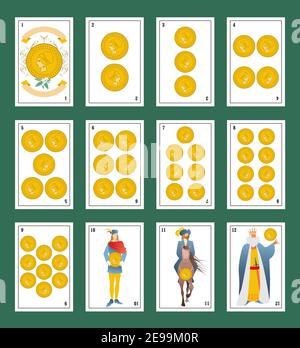 Deck of Spanish playing cards. Golds. From Ace to the figures of the Court Stock Vector