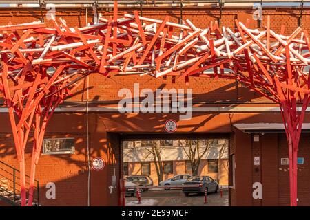 Minsk, Belarus - February 01, 2021: Decorating a creative space using red wooden blocks Stock Photo