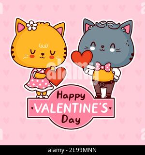 Cute funny cats couple with hearts. Happy valentines day card. Vector flat line cartoon kawaii character illustration icon. Valentines day cats gift hearts concept Stock Vector