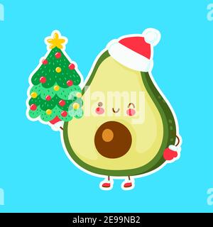 Cute happy funny christmas avocado. Vector cartoon character hand drawn style illustration. Christmas, New Year concept Stock Vector