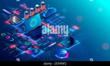 Computer network security technology. Local computer network structure communications with data center or online server via protected internet Stock Vector