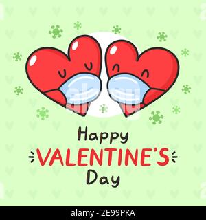 Cute hearts in medical masks and corona virus. Happy valentines day card. Vector flat line cartoon kawaii character illustration icon. Valentines day coronavirus concept Stock Vector