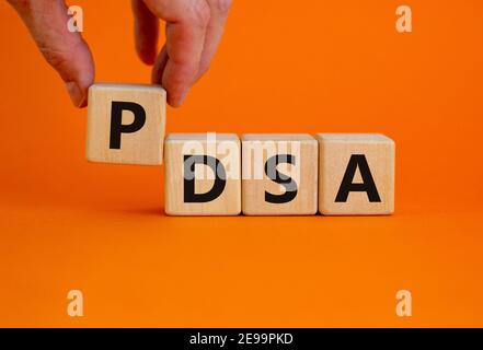 PDCA, plan do check act symbol. Wooden cubes with words 'PDCA, plan do check act'. Beautiful orange background, copy space. Businessman hand. Business Stock Photo