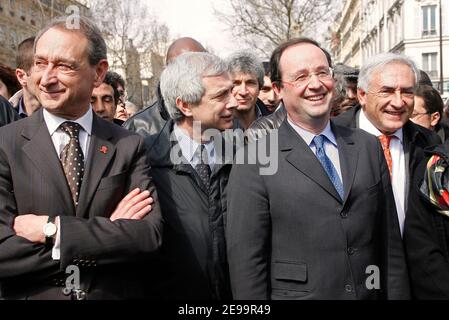 Paris Mayor Bertrand Delanoe, Leader of the Socialist Party Francois Hollande and Socialist Party member Dominique Strauss-Kahn protest against the governments First Employment Contract (CPE) in Paris, France on April 4, 2006. Around 700.000 (Union source) students and workers from various trade unions demonstrate in Paris during the nationwide strike against the First Employment Contract (CPE) on April 4, 2006. Photo by Mousse-Taamallah/ABACAPRESS.COM Stock Photo