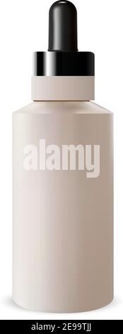 Serum Drop Bottle. Essential Vial. Cosmetic Mockup. Liquid Enzyme Medical Therapy. Face Essence Droplet Container. Round Juice Jar Template. Collagen Stock Vector