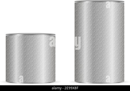 Cylinder Metal Can vector Template. Tea Container Mockup. 3d Realistic Silver Coffe or Spice Storage Packaging. Empty Round Aluminum Tin for Powder wi Stock Vector