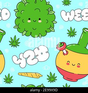 Weed marijuana seamless pattern. Vector flat cartoon kawaii character illustration icon design. Trippy,weed, 420 pattern concept Stock Vector