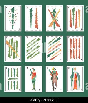 Deck of Spanish playing cards. Wands. From Ace to the figures of the Court Stock Vector