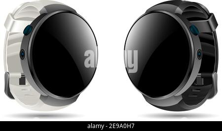 Realistic Smartwatch. Digital Sport Wirstwatch Device Mockup. Electronic Gadget with Glossy Touch Technology Screen. New Modern Intelligent Equipment. Stock Vector