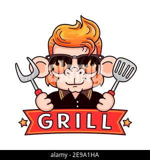Funny cool monkey in sunglasses with grilling tools. Grill logo design. Vector cartoon kawaii character illustration icon. Isolated on white background. Monkey mascot character grill concept Stock Vector