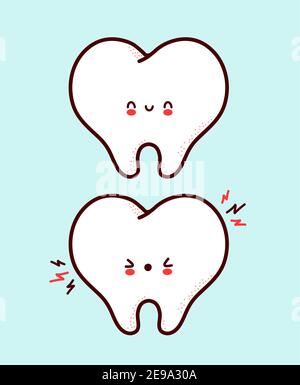 Cute healthy and sick sad funny human tooth character. Vector flat line cartoon kawaii character illustration icon. Isolated on white background. Teeth with face character mascot concept Stock Vector