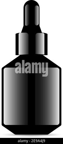 Black Glass Dropper Bottle. Luxury Medical Aroma Oil Vial. Serum Container Cylinder with Eye Drop. Vector Mock Up Isolated on White Background. Realis Stock Vector