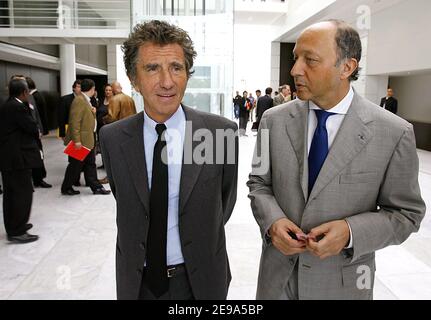 Former Culture Minister Jack Lang and Laurent Fabius during a socialist meeting in Bordeaux, southwest France, on May 6, 2006. Photo by Patrick Bernard/ABACAPRESS.COM Stock Photo