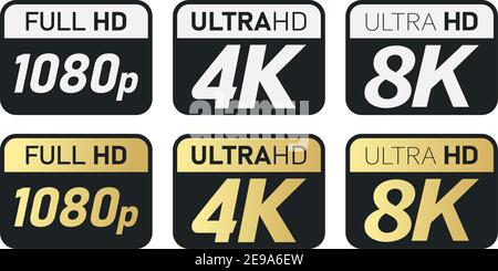 Black, white and golden video or screen resolution icons. Set from 1080p to 8k Stock Vector